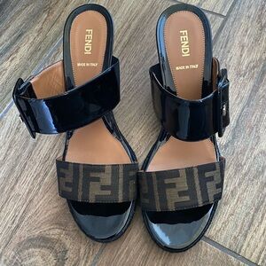Fendi Black Patent Leather Wedges with Brown FF Logo Band